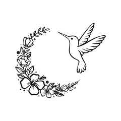 Minimalist hummingbird and floral wreath line art icon, elegant botanical frame logo design.
