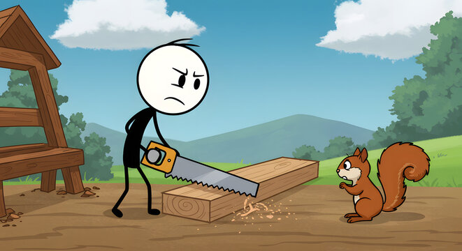 Cartoon Stick Figure Sawing Wood with Curious Squirrel Watching Outdoor DIY Project