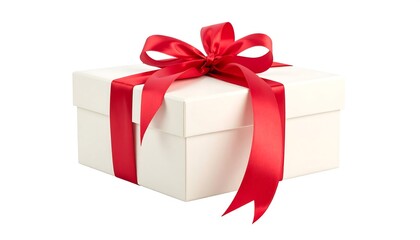 Obraz premium Elegant white gift box adorned with a vibrant red satin ribbon and bow on a clean white background.