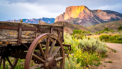 Fototapeta premium A weathered wooden wagon stands in a sun-drenched mountain meadow, showcasing the beauty of the rugged landscape.