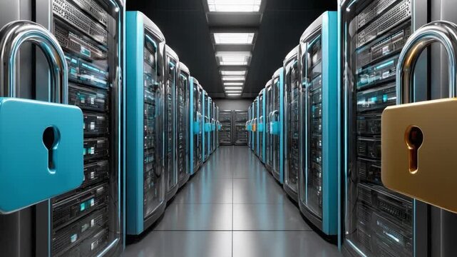 Server Room Security: A secure server room with rows of data servers and prominent padlocks symbolizing robust digital protection and data integrity.