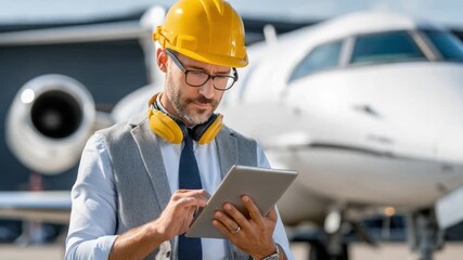 Jet Plane Engineer: A seasoned engineer, donned in a protective hard hat, meticulously inspects and documents a sleek private jet, embodying precision, expertise, and aviation excellence.