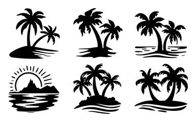 Fototapeta premium Tropical Island Scene Collection with Palm Trees and Water Background