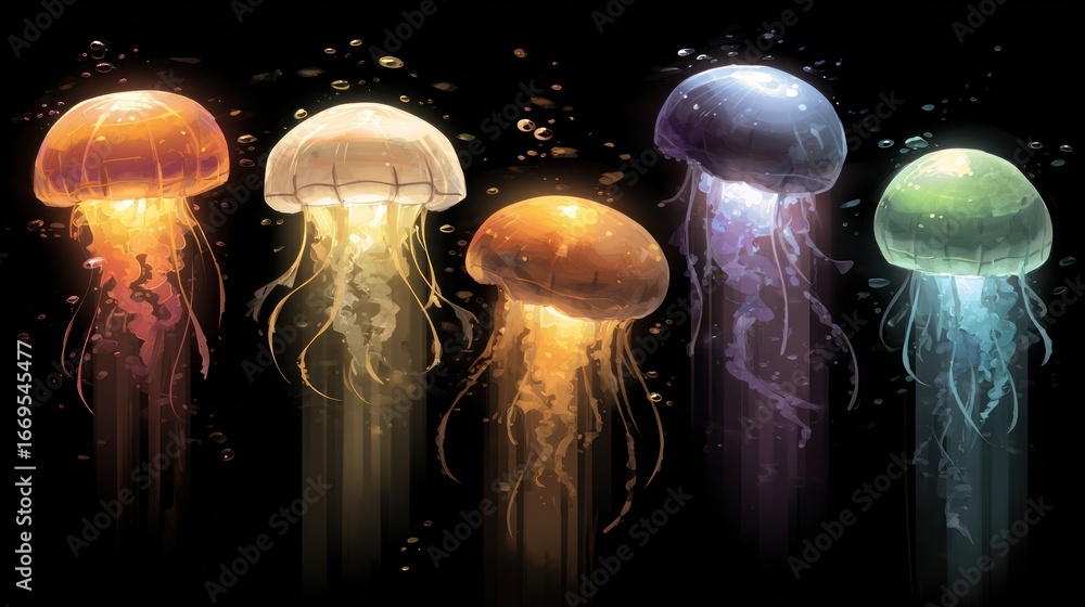 Poster glowing array of rainbow jellyfish float upwards on a black backdrop, with light trails and small bu