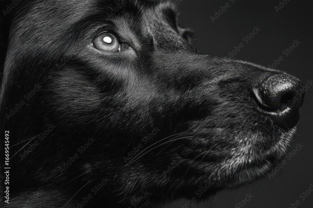 Poster black dog portrait captured in a realistic style highlighting details of fur and expression against 