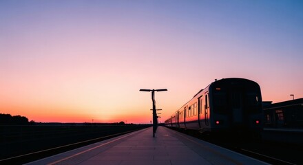 Sunrise over a train station platform with a modern train waiting at dusk