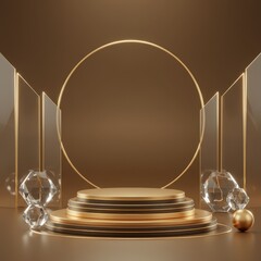 Gold layered podium with circle and geometric shapes on a brown gradient background design element