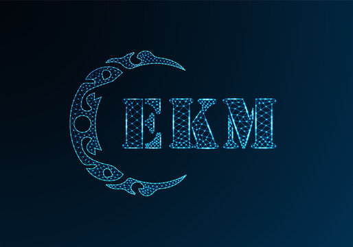 Low poly letter logo EKM design. EKM letter logo low poly vector design on blue color gradient background. EKM logo low poly design