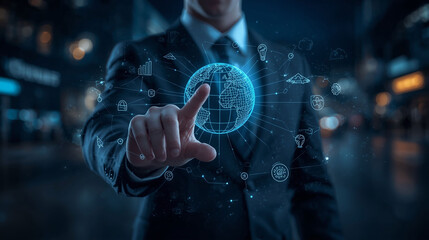 A businessman interacting with a futuristic digital interface showing global connections and business icons