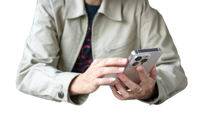 Close up view of woman checking on phone. Hands holding and scrolling phone screen. Isolated on...