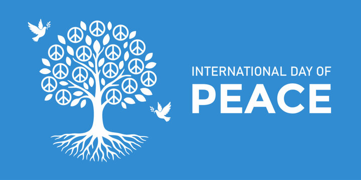 International Day of Peace banner. Illustration of a peace tree with roots and branches formed from peace symbols, accompanied by flying doves on a blue background.