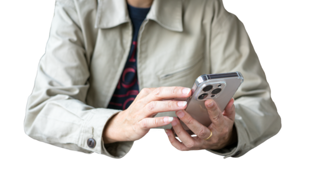 Close up view of woman checking on phone. Hands holding and scrolling phone screen. Isolated on transparent background. - Powered by Adobe