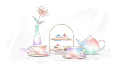 Watercolor painting of an afternoon tea still life