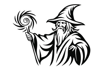 Wizard with Pointed Hat Holding Magic Staff in White Background Design