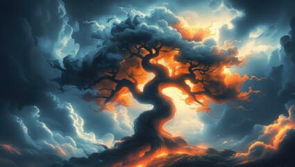 A colossal, stylized tree, with fiery orange-red branches, soars through dramatic, vibrant clouds; a breathtaking, ethereal scene of luminous energy and fantastical beauty.