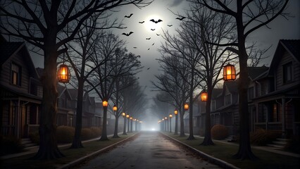 Spooky halloween street scene with bare trees glowing lanterns and flying bats under a full moon