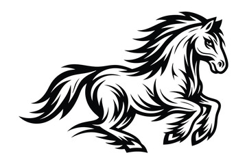 Stallion galloping in black and white with artistic tribal style on white