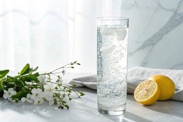 Refreshing glass of sparkling water with lemon slices and fresh mint on a marble countertop