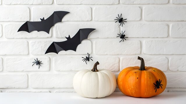 Fototapeta Two decorative pumpkins one white and one orange with black paper bats and spiders adorning a white brick wall for halloween
