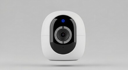 Modern security camera with blue indicator light on grey background