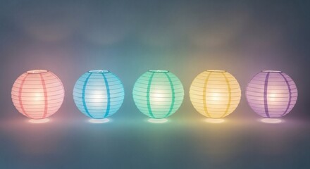 Fototapeta premium Five vibrant pastel paper lanterns glowing softly in a harmonious row. Decorative lights cast a serene, festive ambiance, perfect for tranquil settings or celebrations