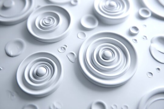 White, concentric raised rings and smooth droplets on a white surface in soft focus - Powered by Adobe