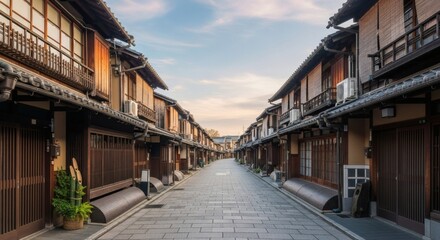 Tranquil Street Scene Historic Japanese Architecture and Cobblestone Pathway Under Blue Sky