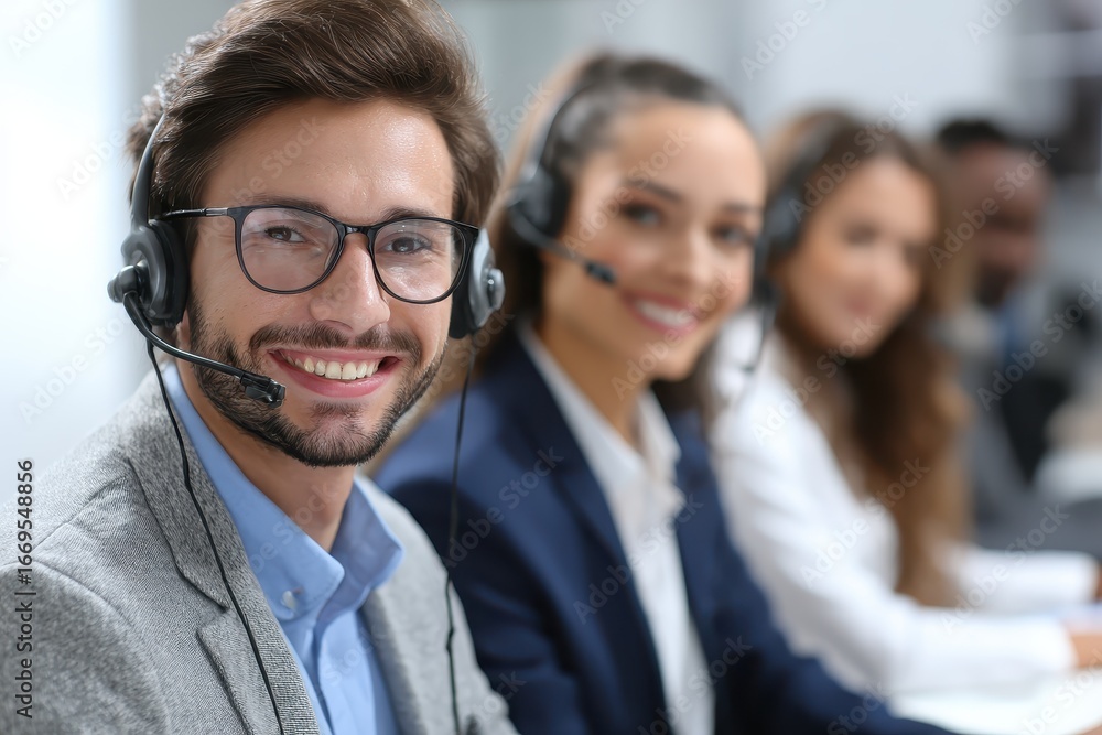 Poster customer support team members smiling while assisting clients in a modern office environment during 