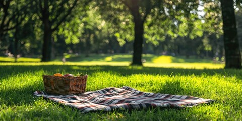 A picnic blanket spread on fresh grass in a park Stock photo