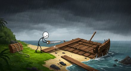 Castaway stick figure builds survival raft from shipwreck on stormy desert island beach