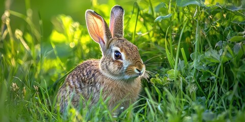 Obraz premium A rabbit hiding quietly in wild grassy terrain Stock photo