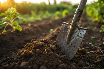Close-up of a shovel digging into rich soil in a sunlit garden, showcasing agricultural activity