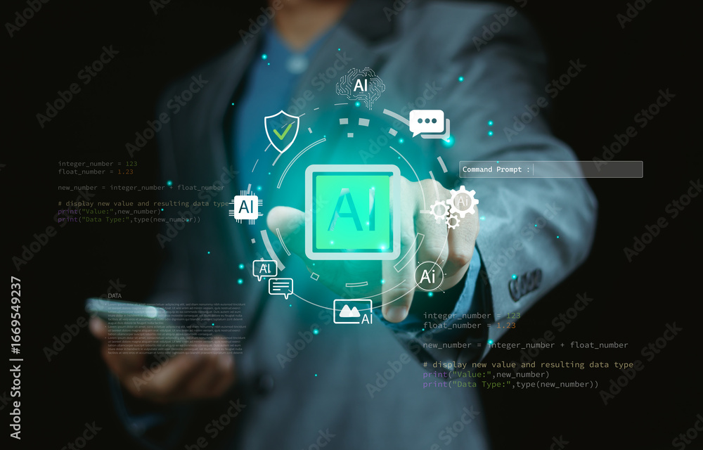 Aufkleber businessman points to icon glowing ai icon with command prompt, representing artificial intelligence