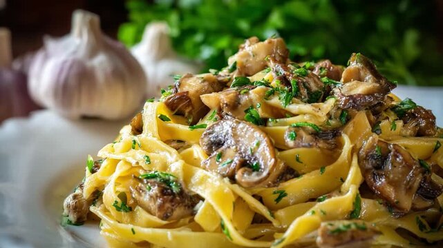 Gourmet Mushroom Pasta Delight: A tantalizing shot of freshly made pasta, adorned with earthy mushrooms and vibrant parsley, set against a backdrop of garlic bulbs and fresh herbs.