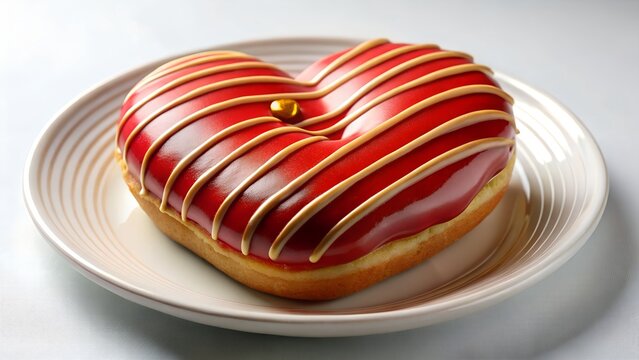 Heart shaped donut with red icing and caramel stripes on a plate