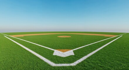 Obraz premium Baseball Field Under Clear Sky: A picturesque baseball field, the vibrant green grass contrasted with the clear blue sky above, evokes a sense of anticipation and the spirit of the sport.