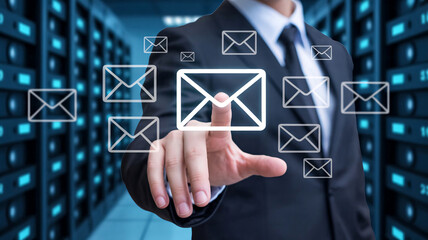 Businessman in server room touching email icon, digital communication and cybersecurity concept