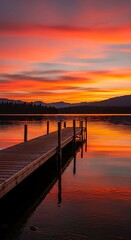 Obraz premium A wooden pier extends into a calm lake during a vibrant sunset, with fiery orange and red clouds reflecting on the waters surface