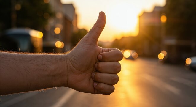 Thumbs Up in City: A hand forms the universally recognized symbol of approval against a vibrant backdrop of a sun-drenched street. A visual representation of positivity and encouragement.