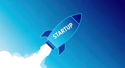Obraz premium Startup Ascendancy: A dynamic graphic depicts a stylized rocket ascending through a gradient sky, symbolizing the launch and growth of a new business venture.