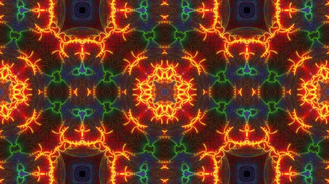 Fiery ornamental background looping transformation. Abstract luminous backdrop with flamy shapes changes. Fire ornate metamorphoses, motion, vibration of glowing flowers shapes. 4K UHD 4096x2304