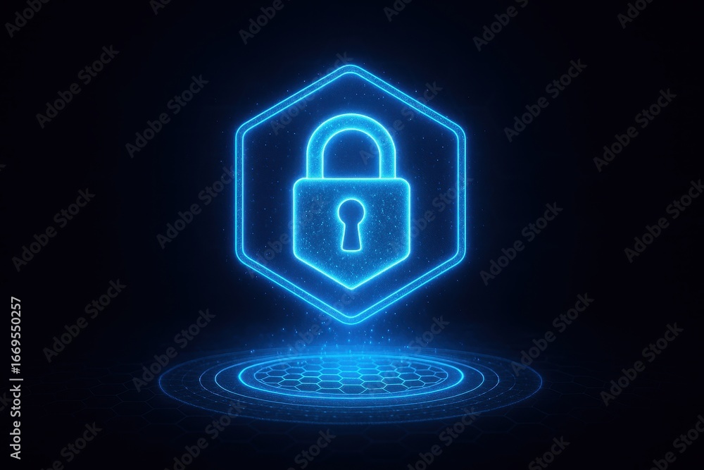 Poster digital security illuminated: a luminous lock icon, rendered in vibrant blue, symbolizes robust data