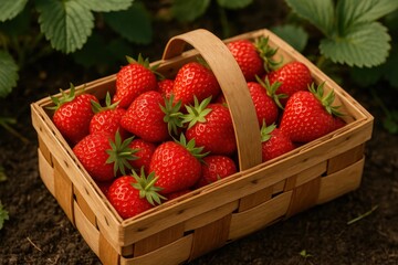 Strawberry Basket of Abundance: A rustic wooden basket overflows with vibrant, ripe strawberries, nestled amidst lush green strawberry plants in a sun-drenched garden.