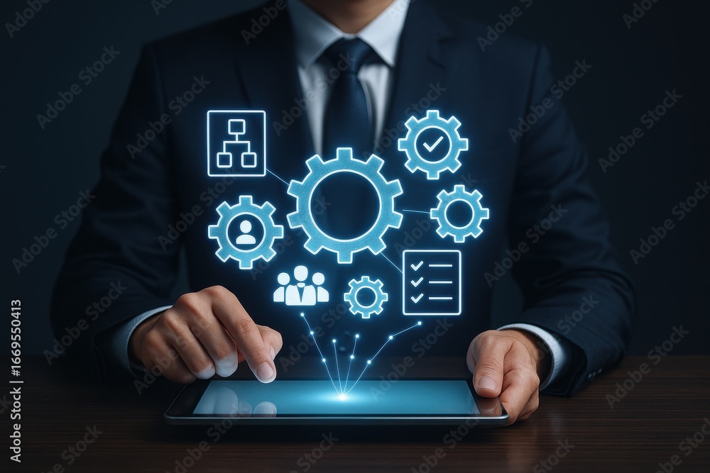Aufkleber business process automation: a modern executive, hands-on with a tablet, triggers digital gears repr