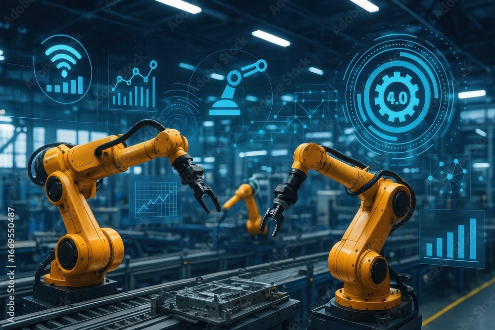 Poster robotics automation in the manufacturing industry: high-tech robotic arms work seamlessly on the pro