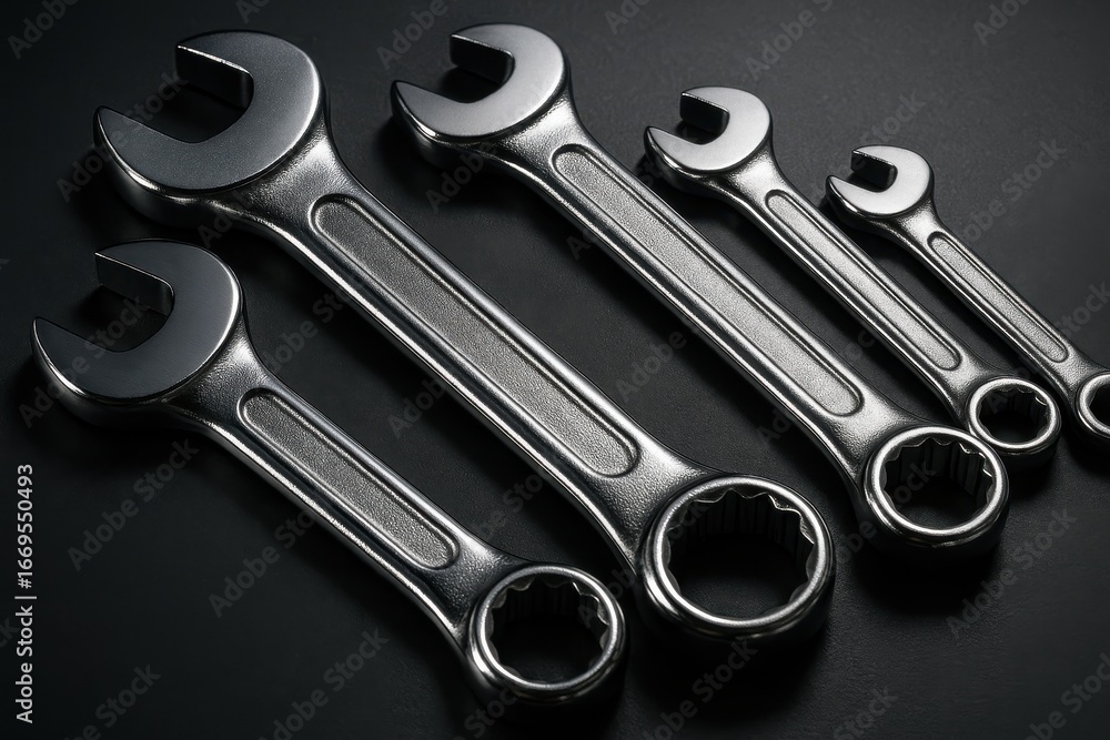 Poster mechanic's set: close-up shot of metallic wrenches tools, symbolizing precision and craftsmanship on