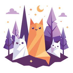 Tshirt vector art of three stylized cats in a minimalist forest setting with a crescent moon and stars