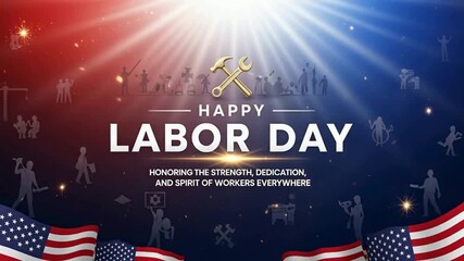 Happy labor day with american flags and workers 4K , hd , mp4 video - Powered by Adobe
