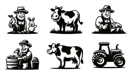 Obraz premium Vintage Farm Life Icons Including Farmers Animals and Tractor Graphics