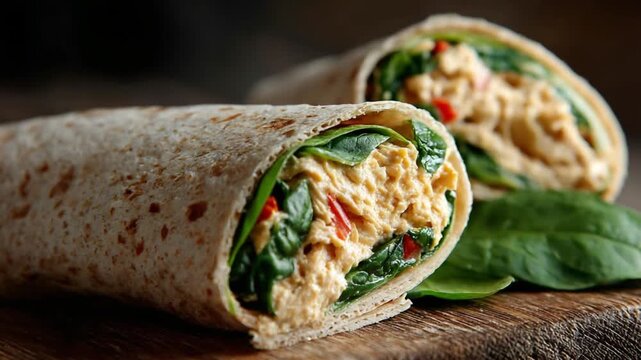 Wrap Delight: An appetizing wrap, meticulously prepared with fresh ingredients, showcasing the artful presentation and flavorful components within a rustic culinary scene.